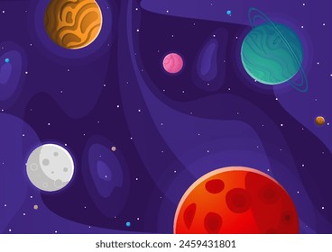 Space cartoon background. Cute design for landing page, banner or wallpaper. Planets and stars in the open space. Childish galaxy scene. Space cartoon vector illustration.