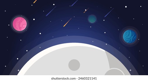 Space cartoon background. Cute design for landing page, banner or wallpaper. Planets and stars in the open space. Childish galaxy scene. Space cartoon vector illustration.