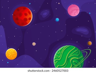 Space cartoon background. Cute design for landing page, banner or wallpaper. Planets and stars in the open space. Childish galaxy scene. Space cartoon vector illustration.