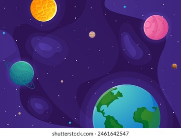 Space cartoon background. Cute design for landing page, banner or wallpaper. Planets and stars in the open space. Childish galaxy scene. Space cartoon vector illustration.