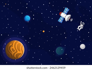 Space cartoon background. Cute design for landing page, banner or wallpaper. Planets and stars in the open space. Childish galaxy scene. Space cartoon vector illustration.