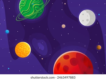 Fondo de dibujos animados. Lindo diseño para página de aterrizaje, Anuncio o Fondo de pantalla. Planetas y estrellas en el espacio abierto. Escena infantil de galaxias. Ilustración vectorial de dibujos animados.