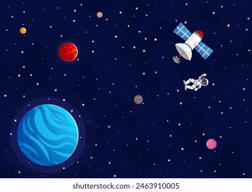 Space cartoon background. Cute design for landing page, banner or wallpaper. Planets and stars in the open space. Childish galaxy scene. Space cartoon vector illustration.