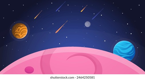 Space Cartoon Hintergrund. Nettes Design für Landing Page, Banner oder Bildschirmhintergrund. Planeten und Sterne im offenen Raum. In: Childish Galaxy Scene. In: Space Cartoon Vektorillustration.