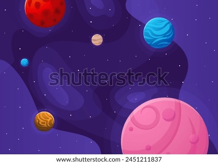 Space cartoon background. Cute design for landing page, banner or wallpaper. Planets and stars in the open space. Childish galaxy scene. Space cartoon vector illustration.