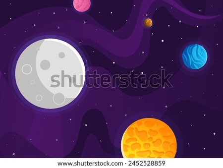 Space cartoon background. Cute design for landing page, banner or wallpaper. Planets and stars in the open space. Childish galaxy scene. Space cartoon vector illustration.