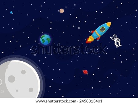 Space cartoon background. Cute design for landing page, banner or wallpaper. Planets and stars in the open space. Childish galaxy scene. Space cartoon vector illustration.