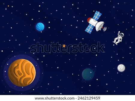 Space cartoon background. Cute design for landing page, banner or wallpaper. Planets and stars in the open space. Childish galaxy scene. Space cartoon vector illustration.