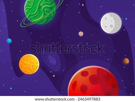 Space cartoon background. Cute design for landing page, banner or wallpaper. Planets and stars in the open space. Childish galaxy scene. Space cartoon vector illustration.