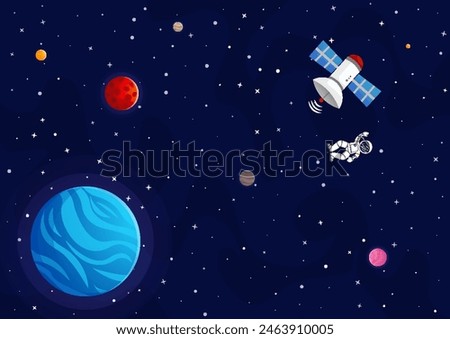 Space cartoon background. Cute design for landing page, banner or wallpaper. Planets and stars in the open space. Childish galaxy scene. Space cartoon vector illustration.