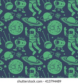 Space Cartoon Background with the Moon, Astronaut, Spaceship and Celestial Bodies