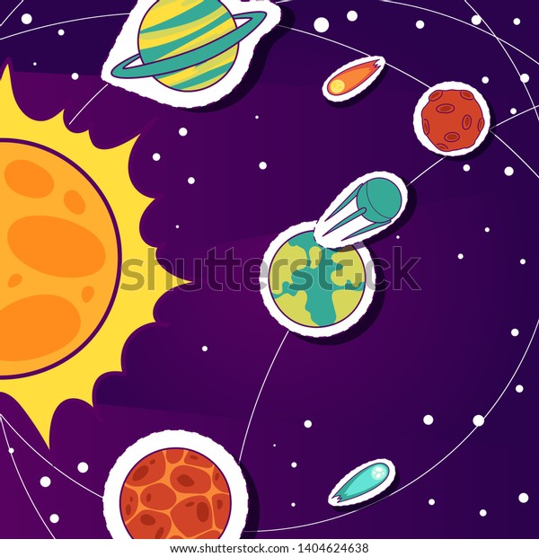 Space cartoon background with objects, comets,\
stars, sun and planets vector illustration. Exploring universe\
banner, poster,brochure for cosmic party or for space exploration\
program. Solar system.