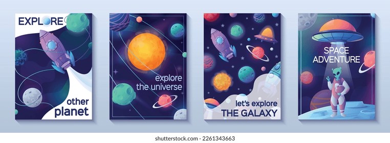 Space cartoon banners set of four vertical posters with text exploring universe and space adventure images vector illustration