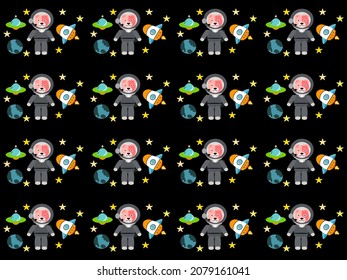 space cartoon character pattern on black background