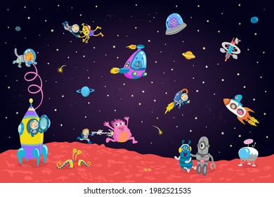 Space cartoon characters isolated on dark background. Astronauts, aliens, robots, ufos, space monsters, rockets, satellites, planets, stars. Set of vector kids illustrations