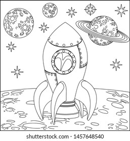 A space cartoon coloring scene background page and rocket ship moons surface   planets 