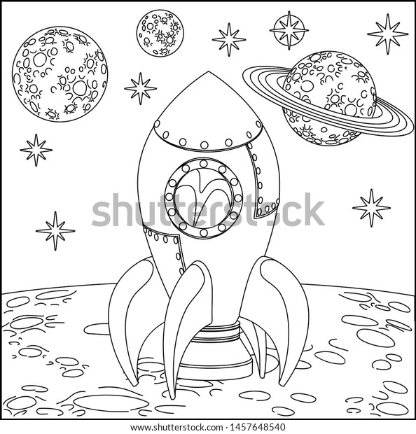 A space cartoon coloring scene\
background page with rocket ship on moons surface and planets\
