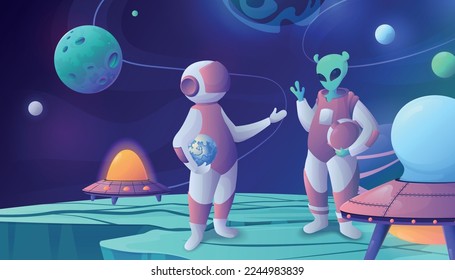 Space cartoon composition with neon glowing view of extraterrestrial terrain with characters of spaceman and alien vector illustration