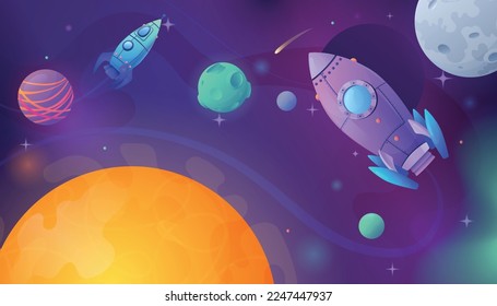 Space cartoon composition with outer space scenery and planets with shiny stars comets and flying rockets vector illustration