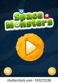 Space cartoon concept illustration with aliens and planets. User interface for computer games and web design.  Main screen with buttons for space games or apps.
