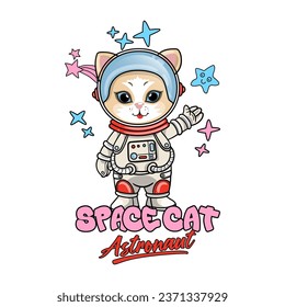 Space cartoon cute cat Astronaut, Graphic design print t-shirts fashion, illustration, vector, posters, cards, stickers, mug