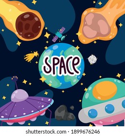 space cartoon explore earth planet ufo spaceship asteroids shooting star vector illustration