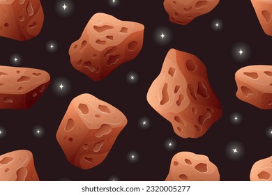 Space cartoon flying stone asteroid with craters. Vector seamless astronomical night sky pattern.