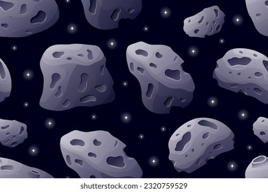 Space cartoon flying stone asteroid with craters. Vector seamless astronomical night sky pattern.