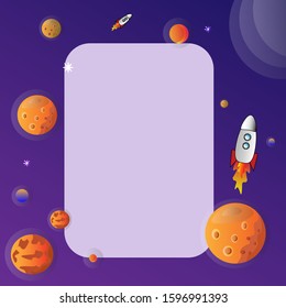 space cartoon frame vector illustration. Cute and bright design with rocket and planets