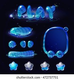 Space  cartoon game assets set, blue glossy buttons, panel and shiny stars. Vector game ui.