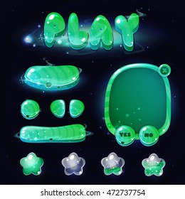 Space  cartoon game assets set, green glossy buttons, panel and shiny stars. Vector game ui.