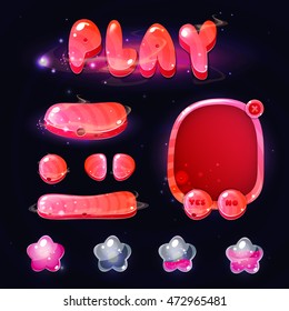 Space cartoon game assets set, pink glossy buttons, panel and shiny stars. Vector game ui.