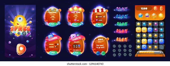 Space cartoon game assets set,galaxy glossy buttons, panel and shiny stars. Space Popups and game elements.Complete set of graphical user interface, GUI, to build 2D video games.Vector game ui