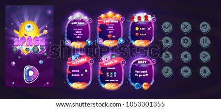 Space cartoon game assets set,galaxy glossy buttons, panel and shiny stars. Space  Popups and game elements.Complete set of graphical user interface, GUI, to build 2D video games.Vector game ui.