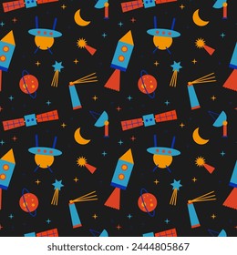 Space cartoon hand drawn vector seamless pattern.Repeating background with Satellite, rocket, ufo, comet, stars, planet. Cosmic for design, print, poster, label, card, paper, wrapping, flyer, textile