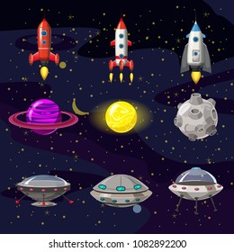Space cartoon icons set. Planets, rockets, ufo elements on cosmic background, vector, isolated, cartoon style
