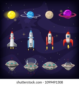 Space cartoon icons set. Planets, rockets, ufo elements on cosmic background, vector, isolated, cartoon style