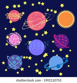 Space cartoon icons set. Planets, rockets, ufo elements on cosmic background