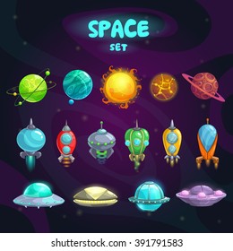 Space cartoon icons set. Planets, rockets, ufo elements on cosmic background