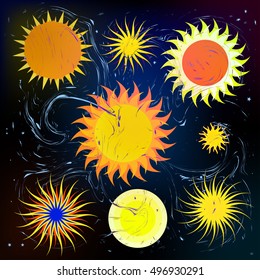 Space cartoon icons set. Planets, rockets, ufo elements on cosmic background