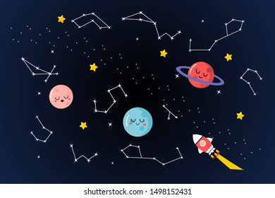 Space with cartoon icons set. sleeping Planets, rockets, stars background. vector illustration