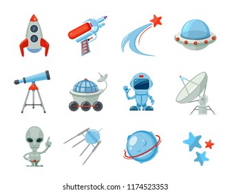 Space cartoon icons. Spaceship rocket astronaut with UFO ship alien characters satelite stars Futuristic flat vector illustrations isolated