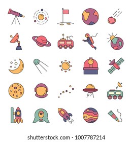 Space cartoon icons vector set. Collection of space objects with astrunaut, planet and moon isolated on white background.