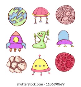 Space cartoon icons vector set. Cute cartoon aliens. Collection of space objects with planets and moon isolated on white background.