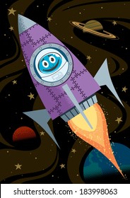 In Space: Cartoon illustrations of rocket in space. No transparency and gradients used. 