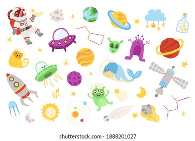 Space cartoon kids clipart set - cute astronaut, space cat, planet, ufo spaceship and alien, blue cosmic whale, rocket, sun, nursery isolated design elements on white, vector set