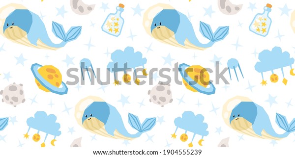 Space cartoon kids seamless pattern, celestial\
digital paper with space whale, planet, cloud, moon and stars,\
nursery seamless background for textile, scrapbooking, wrapping\
paper, wallpaper