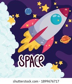space cartoon launching spaceship planets exploration travel vector illustration