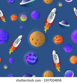 Space cartoon pattern with planets and rockets. Cute vector seamless illustration