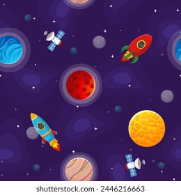 Patrón sin fisuras de dibujos animados.  Diseño lindo para la tela de los niños y el papel de embalaje. Planetas y estrellas en el espacio abierto. Escena infantil de galaxias. Ilustración vectorial de dibujos animados.